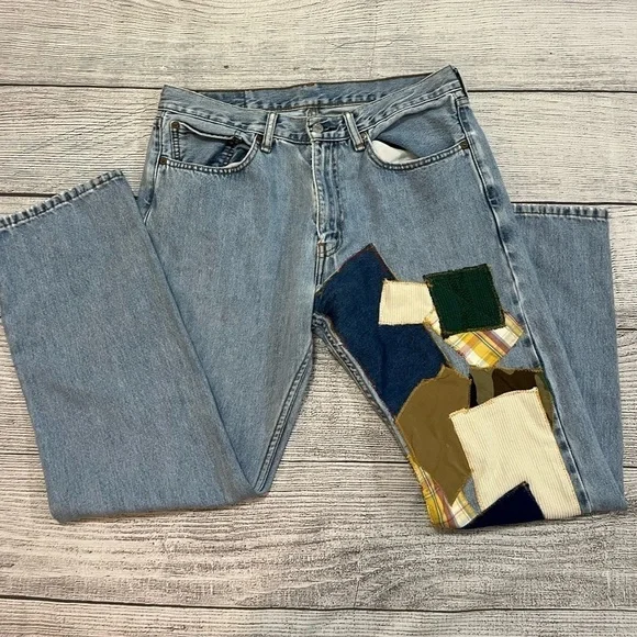 Vintage Levi’s 505 Upcycled Patchwork Distressed Denim Jeans Size 34 - Picture 2 of 15